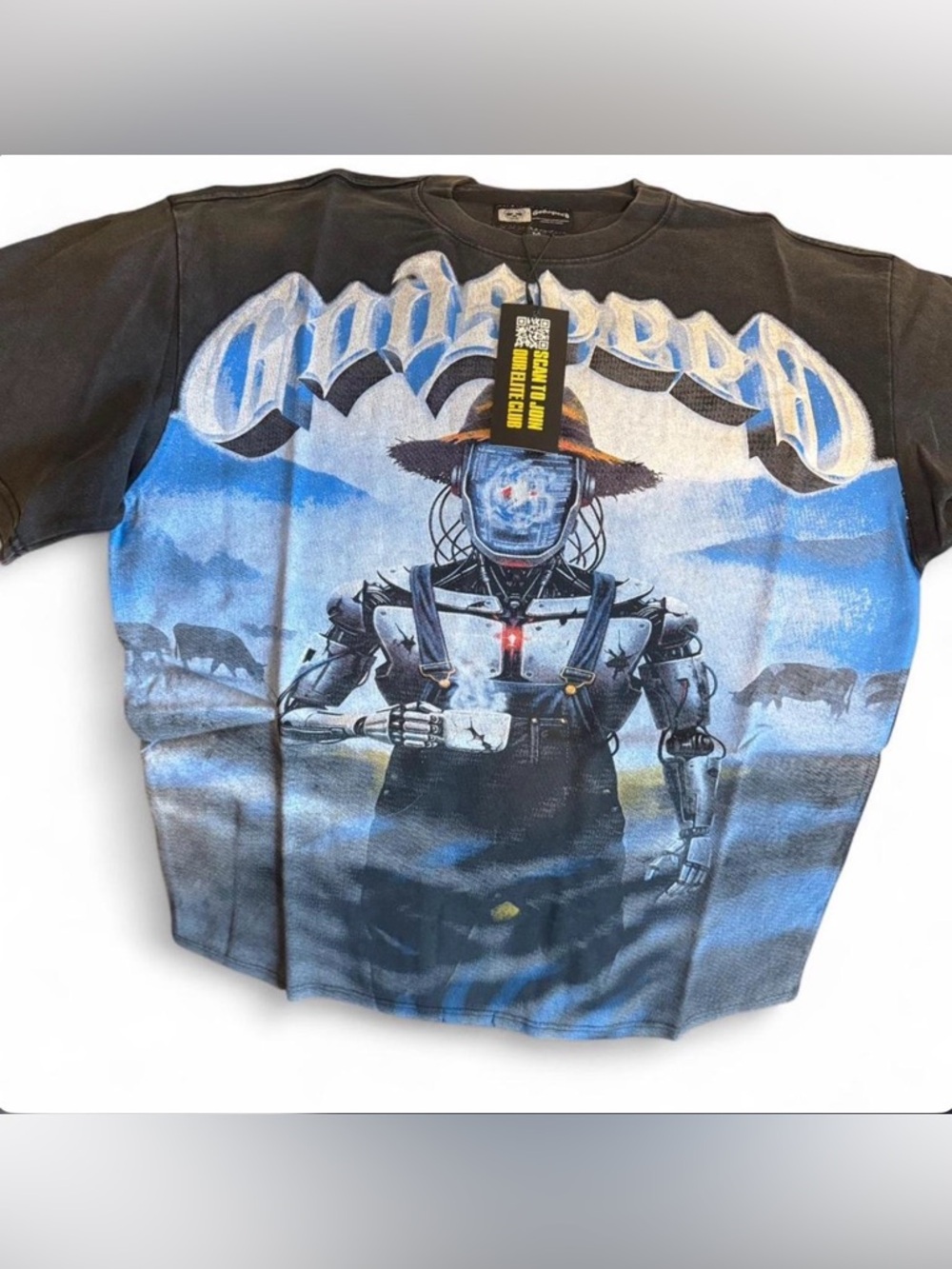 Godspeed Black & Blue Graphic Short Sleeve Tee with Robot Scarecrow Design